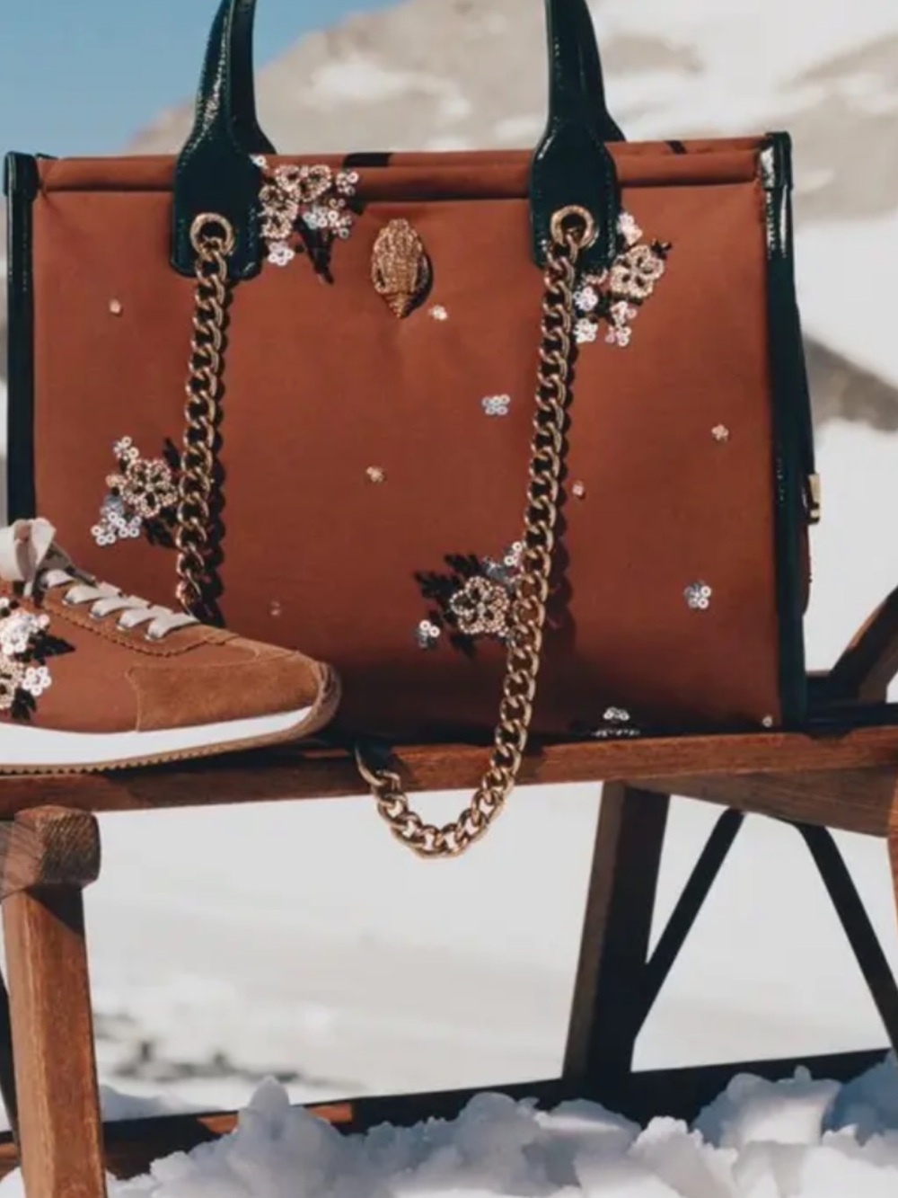 Kurt Geiger Hoxton Shopper Tote Brownwith Dark Green Trim and Gold Chain Handles - Picture 3 of 14